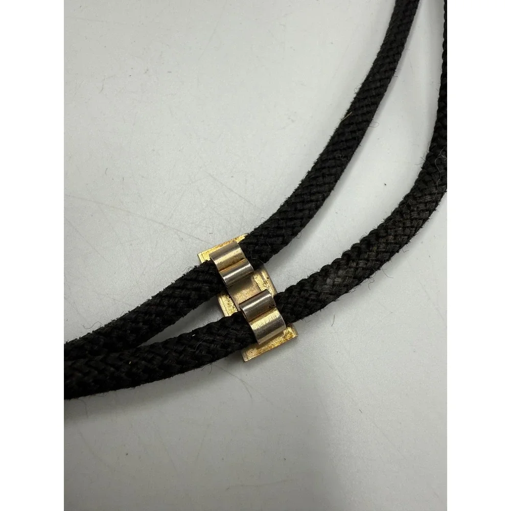 Vintage Geometric Rectangular Bolo Tie Black Braided Cord Brass Tips Western